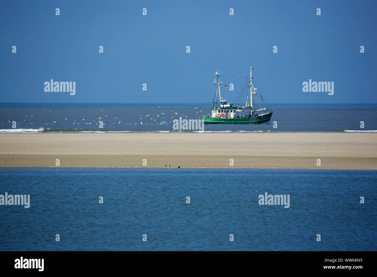 Bateau crevette près du banc de sable sur la plage de l'ouest de l'île Spiekeroog. Banque D'Images