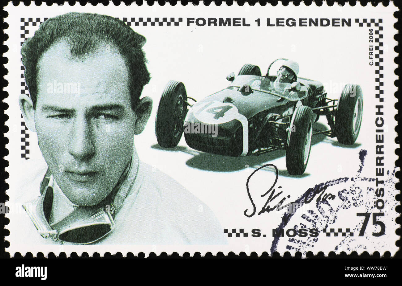 Pilote de course Stirling Moss sur timbre-poste Banque D'Images