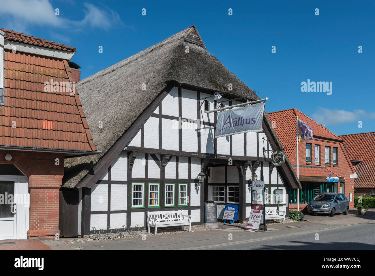 Kappeln, Insel Fehmarn, Ostholstein, Schleswig-Holstein, Allemagne, le restaurant de poisson de chaume à Aalhus 'Dole' dans le district de Kappeln, Banque D'Images