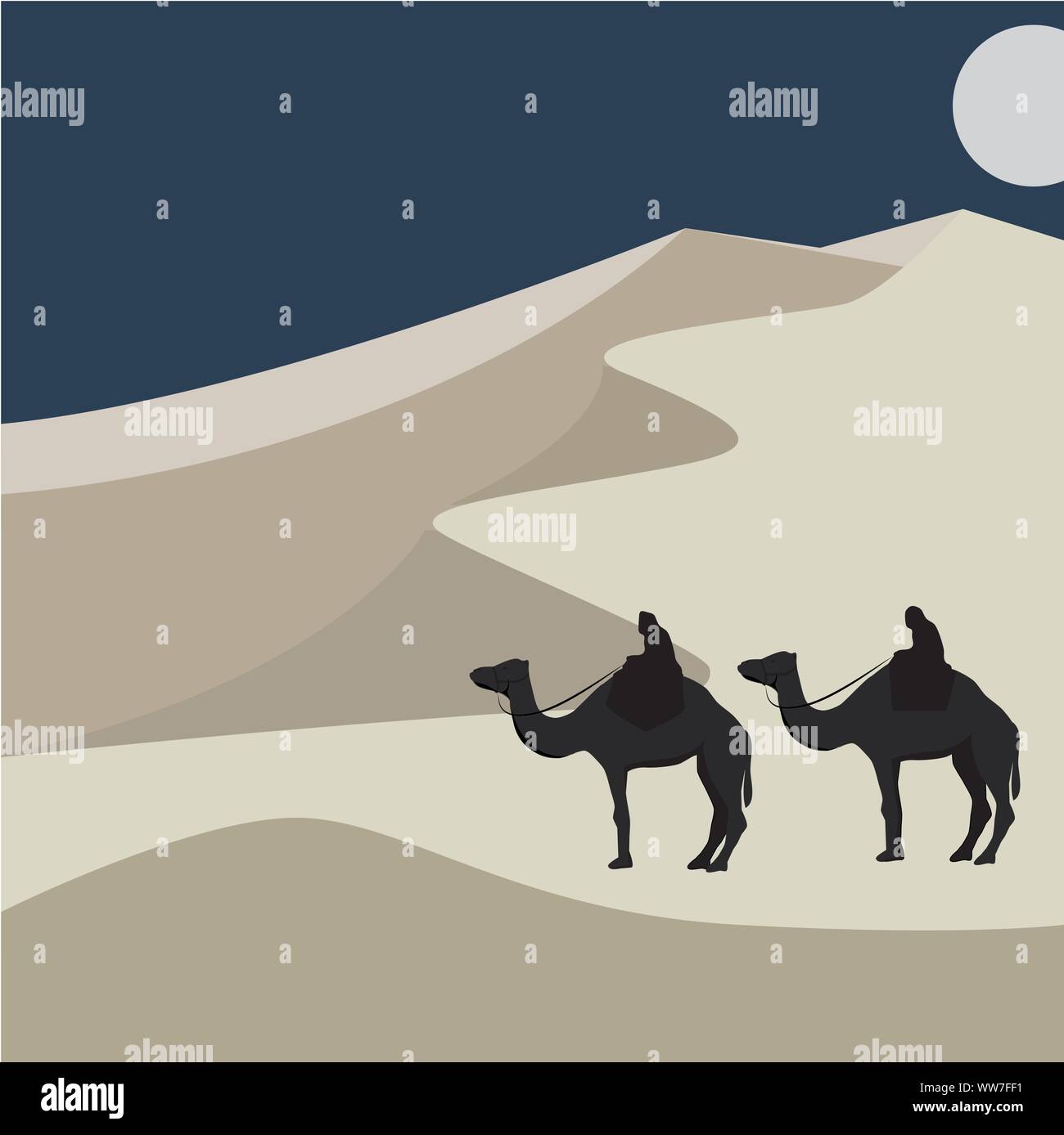 Des chameaux dans le désert. Illustration de dunes de sable. Style minimaliste. Illustration de Vecteur