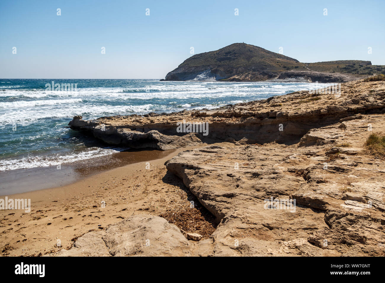 La côte Méditerranéenne, dans le parc national de Cabo de Gata, près de San JosÃ©, Almeria, Espagne, Europe. Banque D'Images