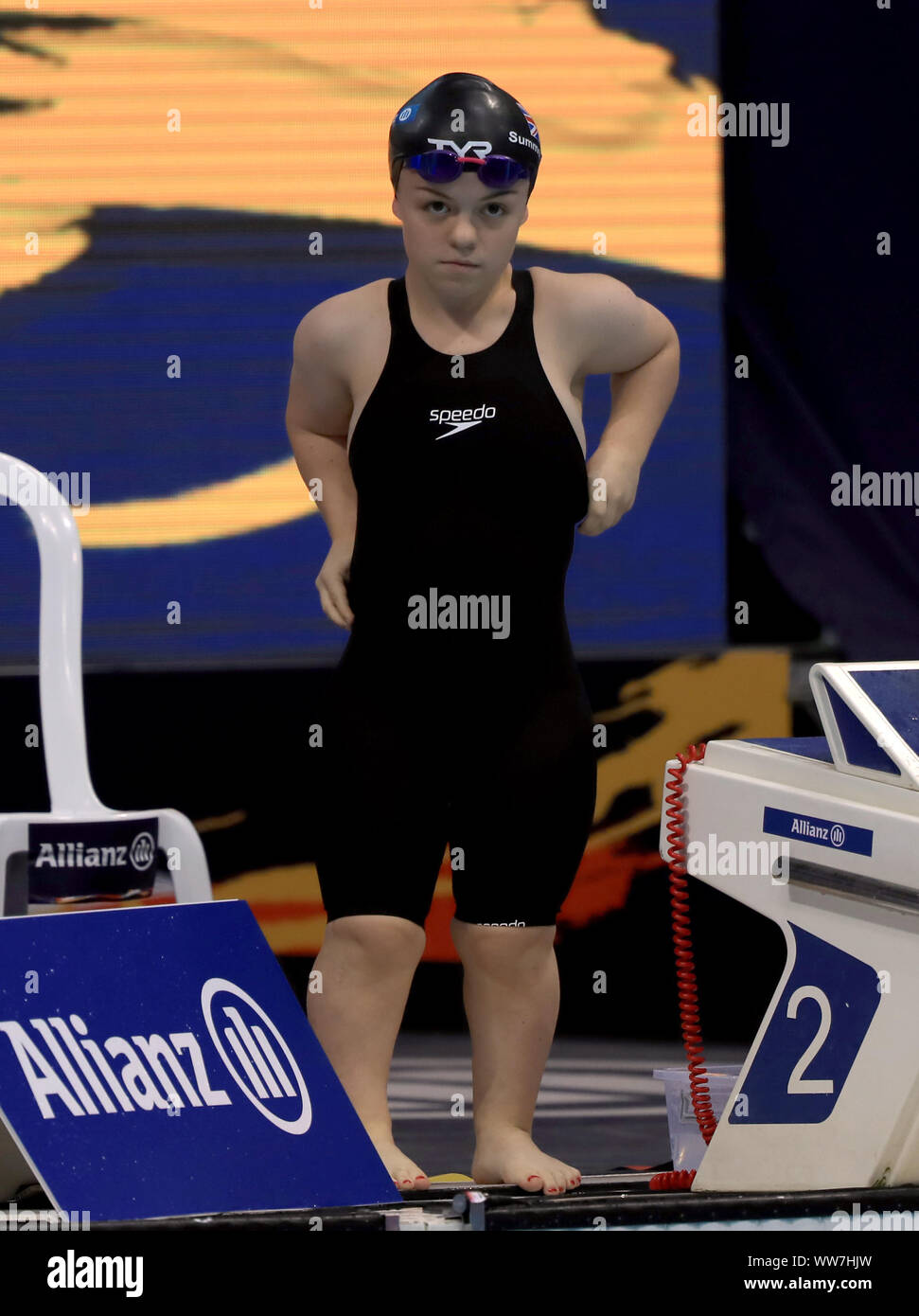 La Grande Bretagne Summers-Newton Maisie avant le début de la Women's 50 mètres nage libre S6 pendant cinq jours du monde Para natation Championnats d'Allianz au Centre aquatique de Londres, Londres. Banque D'Images