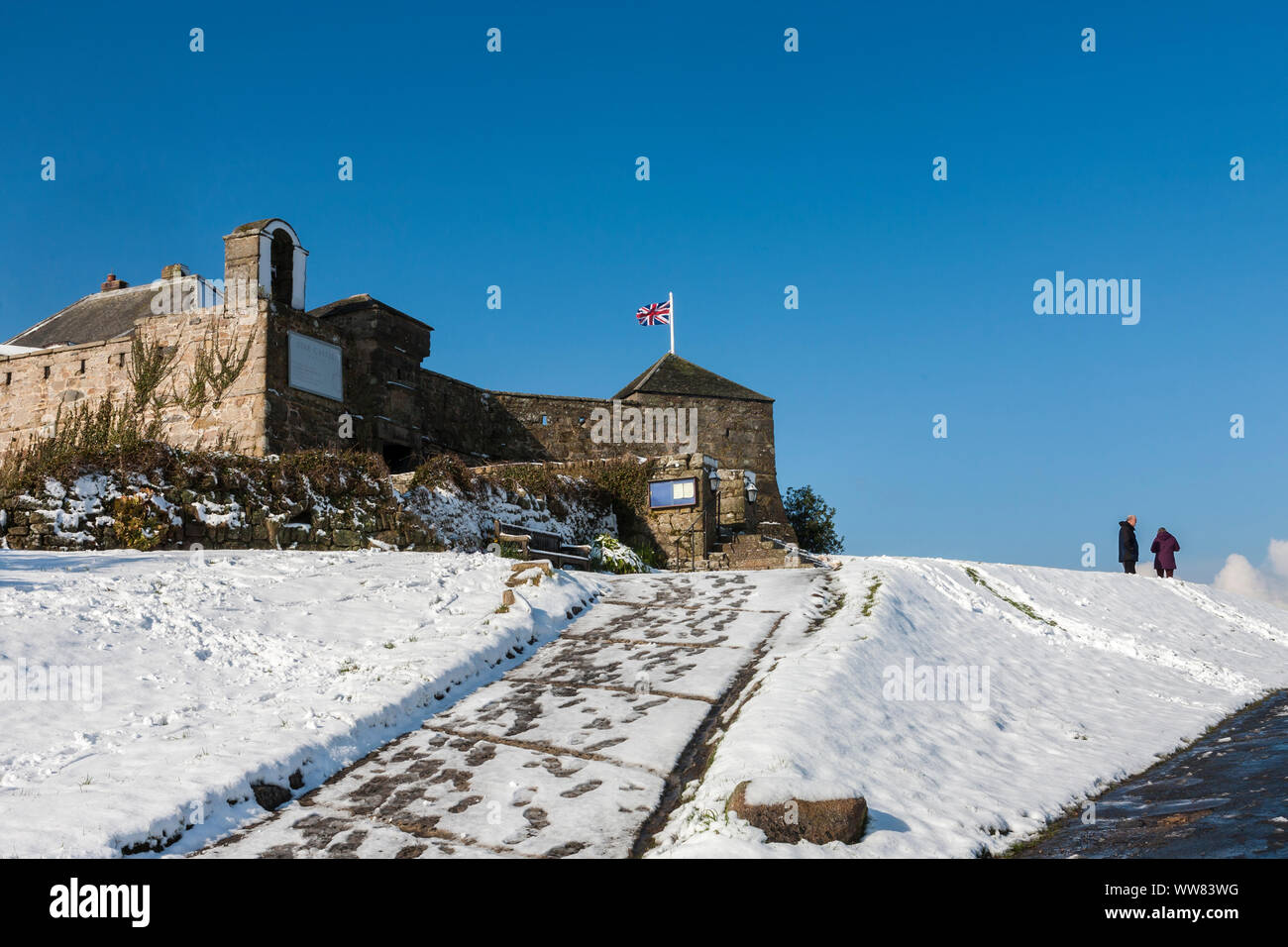 Star Castle, Garrison Hill, St Mary's, Îles Scilly, au Royaume-Uni, en vertu de l'une rare chute de neige. 18 Mars 2018 Banque D'Images