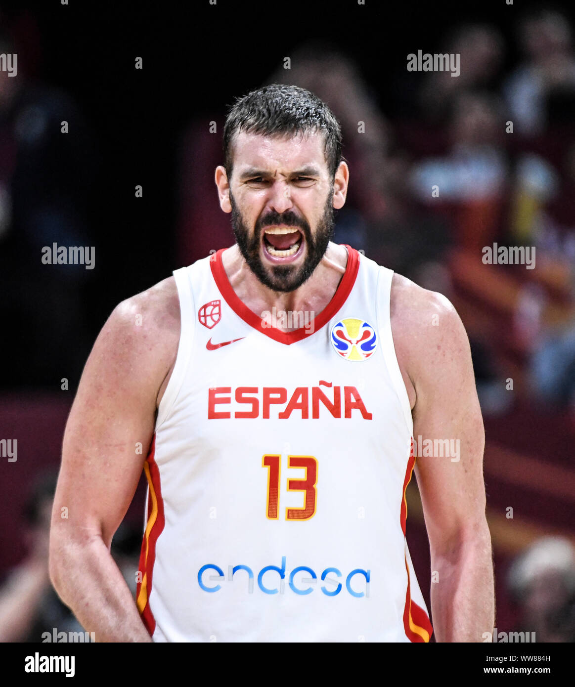 Marc Gasol (Espagne) célébrant la victoire en demi-finale contre l'Australie. Coupe du Monde de Basketball FIBA 2019 Chine Banque D'Images