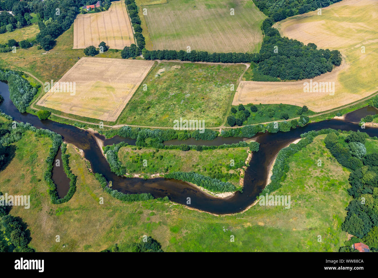 Vue aérienne, Ems river bend, près de einen, Warendorf, MÃ¼nsterland, Nordrhein-Westfalen, Germany, Europe Banque D'Images