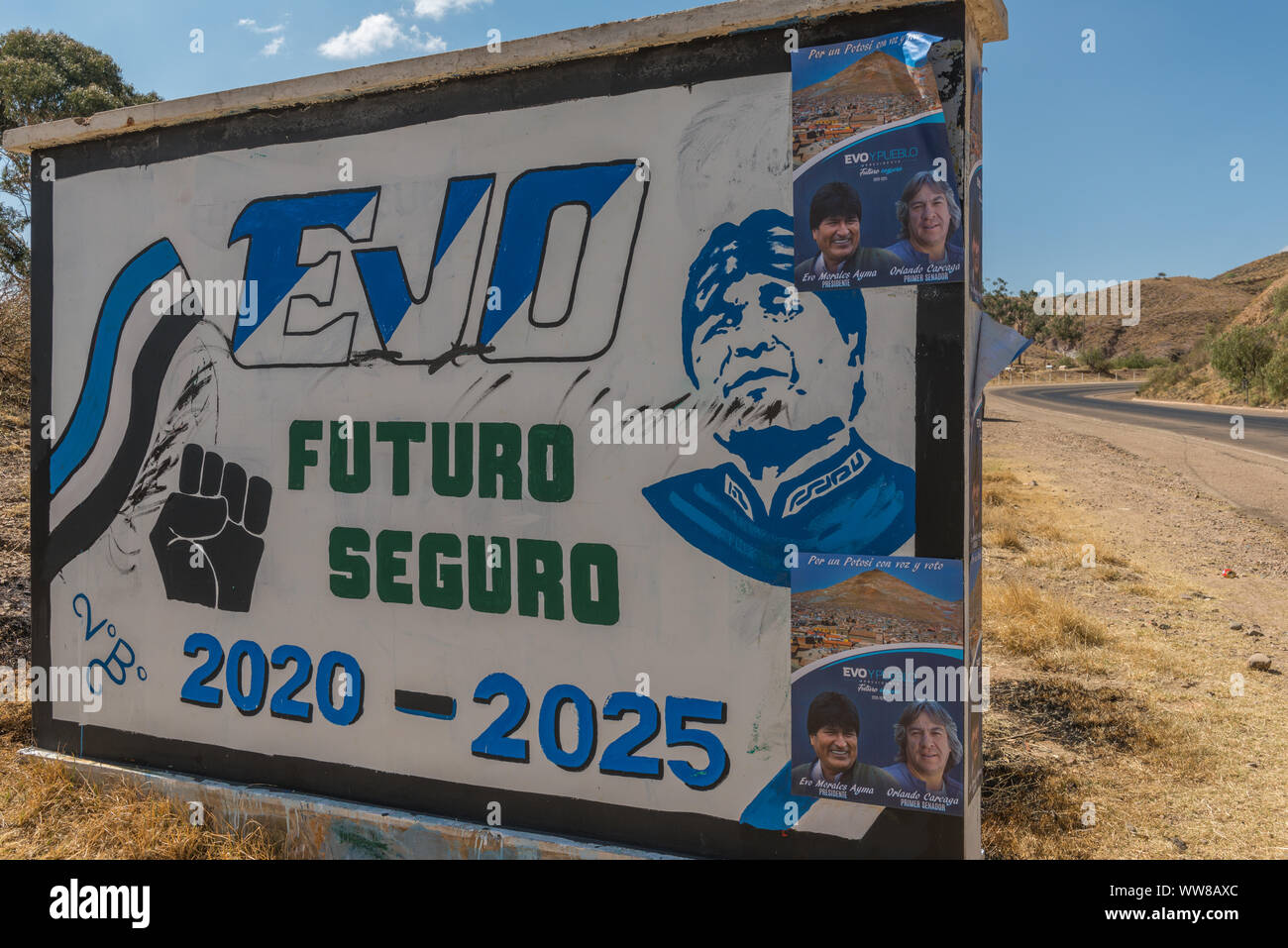 Les élections politiques boliviennes à la présidence en 2019, la publicité pour le président Evo Morales, du mouvement pour le socialisme, MAS, Parti. Banque D'Images