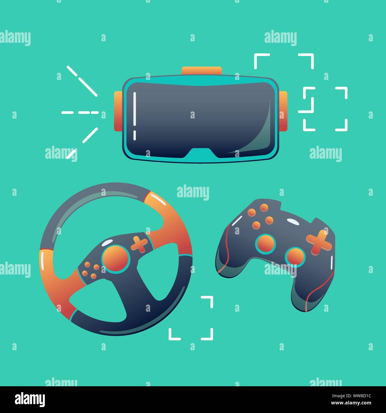 ESports console définie sur le fond vert de lunettes VR, manette et volant, scénario télévision concept Illustration de Vecteur ESports console définie sur le fond vert de lunettes VR, manette et volant, scénario télévision concept Illustration de Vecteur