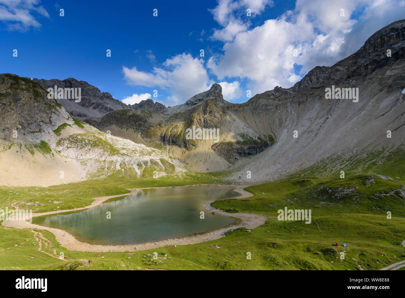 Lechtaler Alpen, Alpes de Lechtal, lac Société Seewisee HÃ¼tte au refuge de montagne Memminger, Seeschartenspitze la montagne, région TirolWest, Tyrol, Autriche Banque D'Images