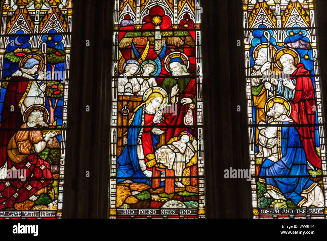 L'Angleterre, dans le Hampshire, Romsey, Abbaye de Romsey, vitrail représentant la Nativité Banque D'Images