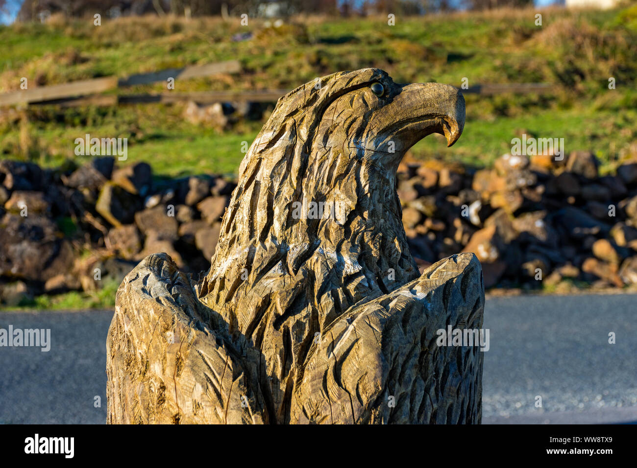 La sculpture sur bois d'un aigle au camp site Tobermory, Isle of Mull, Scotland, UK Banque D'Images