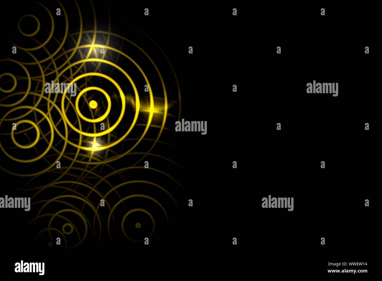 Lumière abstraite cercle jaune avec effet anneau oscillant des ondes sonores sur fond noir Banque D'Images