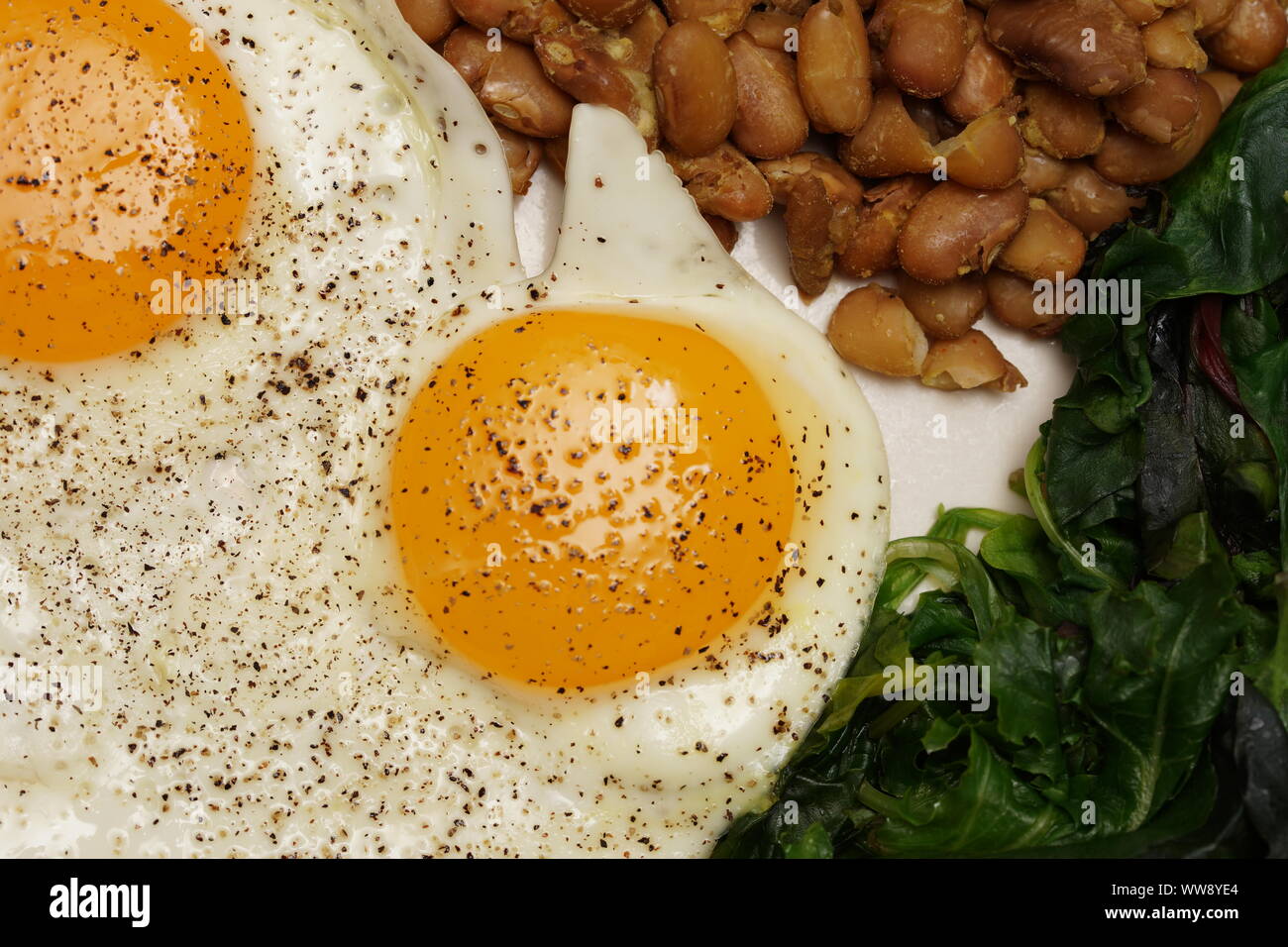 Petit-déjeuner d'œufs, Sunny Side Up, haricots blancs, verts et étuvé. Banque D'Images