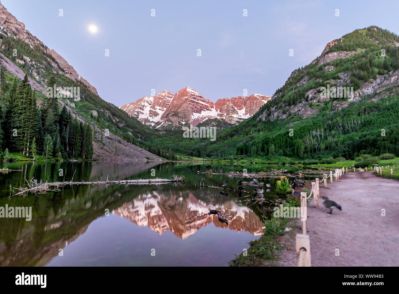 Maroon Bells lake avant le lever du soleil à Aspen, Colorado à blue hour dawn avec rocky mountain peak et la neige en juillet 2019 l'été et la réflexion de la lune Banque D'Images