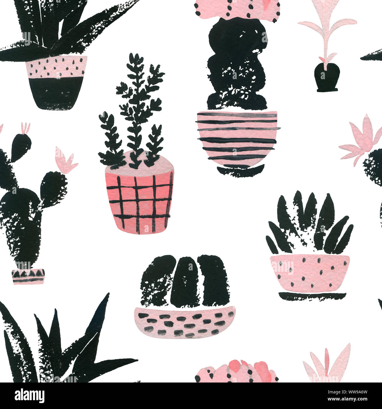 Avec motif transparent graphiques cute cactus dans ornée de pots. Illustration botanique peint à la main à l'aquarelle et grunge textures. Blooming cactus wit Banque D'Images