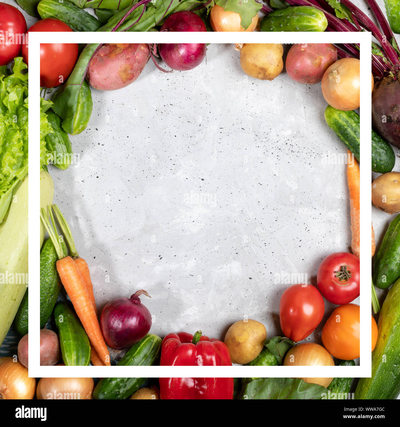 Cadre en légumes frais de la ferme et créatif cadre carré blanc sur eux sur fond de béton gris. Haut de la vue, télévision lay, copie centrale l'espace. Banque D'Images