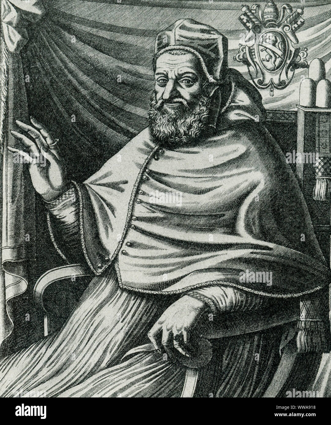 Cette illustration du pape Sixte V est d'une gravure dans la section des dessins et estampes de Berlin. Le pape Sixte V ou Xyste V est né Felice. Piergentile Il fut le Pape de l'Église catholique du 24 avril 1585 à sa mort en 1590. Il est surtout connu pour sa contribution à l'embryologie. Il a publié la bulle pontificale intitulée "Effraenatam" en 1588. Le taureau a été révoqué par la suite par le Pape Grégoire XIV en 1591. Banque D'Images