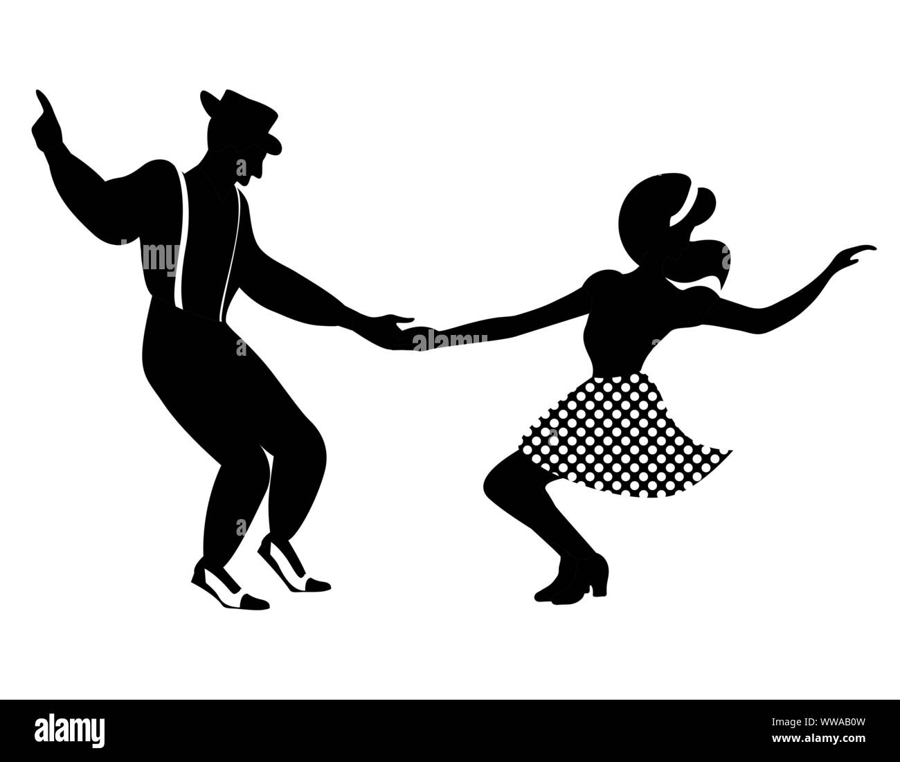 La danse swing silhouette couple négatif. Les couleurs noir et blanc. Années 1940 et 1930, style. Femme en jupe avec des points et de l'homme avec bretelles et chapeau. Illustration de Vecteur
