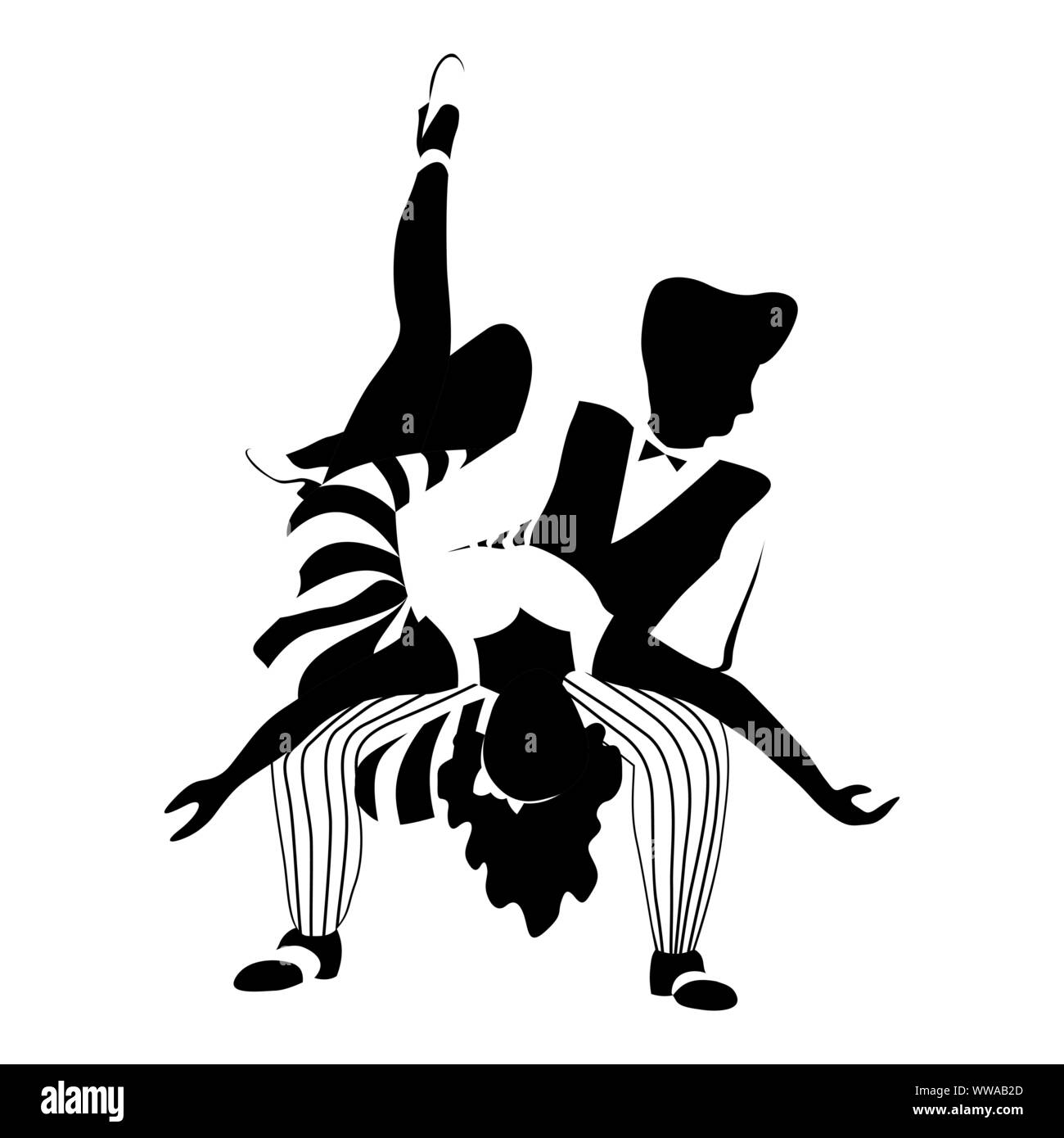 La danse swing couple silhouette en noir et blanc. Années 1940 et 1950, style. La femme et l'homme faisant une prouesses acrobatiques. Télévision vector illustration. Illustration de Vecteur
