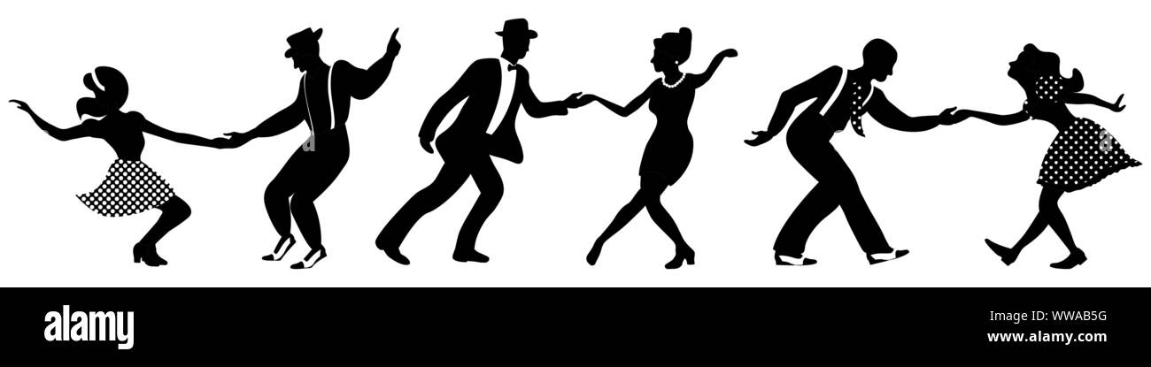 Ensemble de trois couples de danseurs négatif sur fond blanc. Les gens en 1940 ou 1950. Les hommes et les femmes sur le jazz, ou le lindy hop partie. Illustration de Vecteur