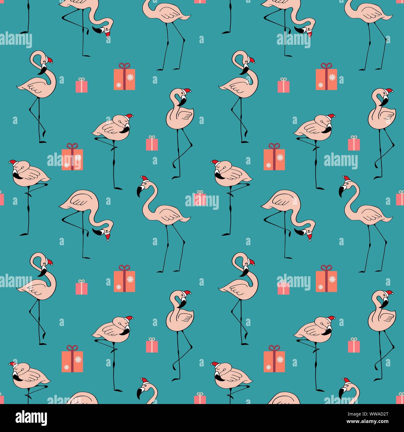 Transparente avec motif de noël doodle mignon flamingo et présente. Joli design pour le papier d'emballage de fête et des cartes postales. Télévision vector illustration. Illustration de Vecteur