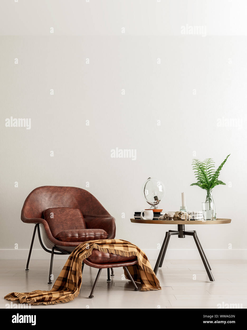 Simulation d'un mur avec une chaise en cuir marron et métal table en arrière-plan intérieur moderne, salle de séjour, moment de contemplation, de style scandinave, 3D ren Banque D'Images