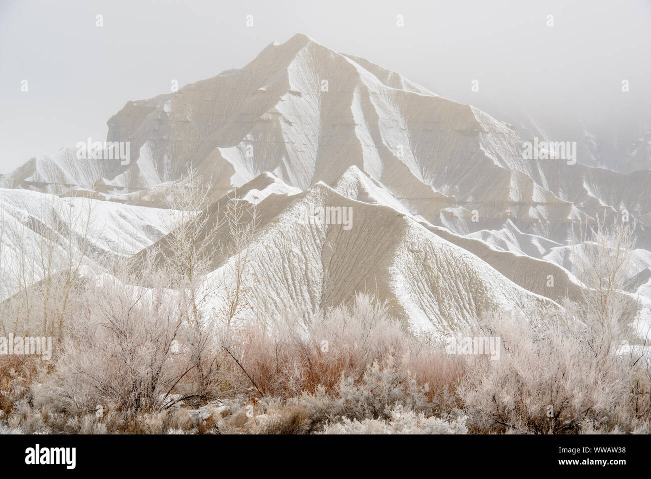 Neige fraîche sur buttes érodées, Caineville, Utah, USA Banque D'Images