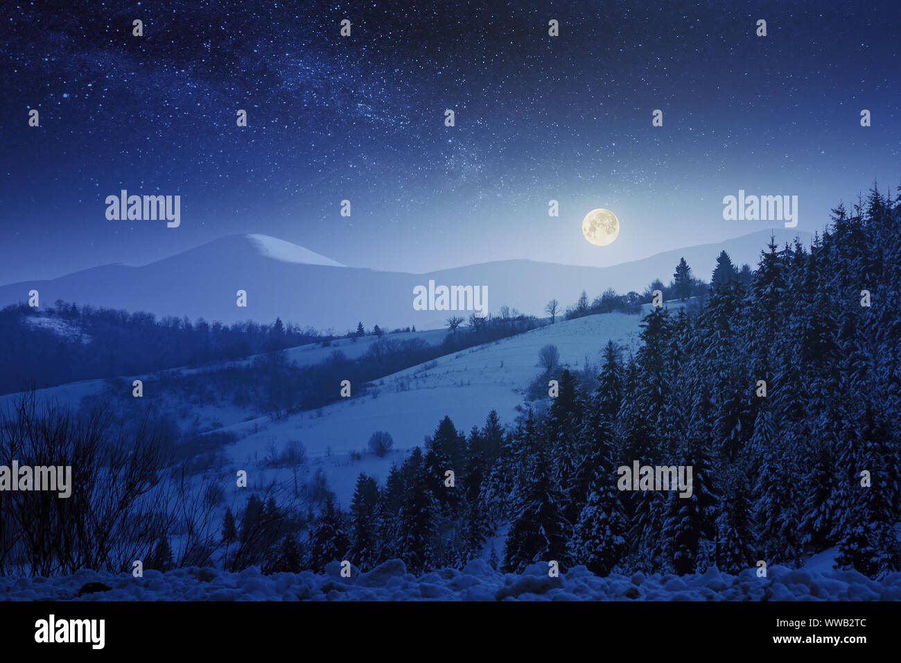 Paysage de nuit d'hiver dans les montagnes couvertes de neige. collines boisées. Pleine lune sur un ciel étoilé au-dessus de la crête de lointain. Banque D'Images