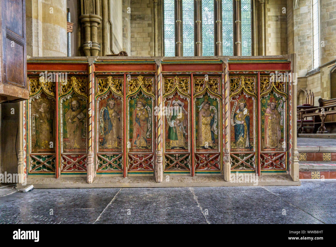 Partie du jubé à Thornham montrant les prophètes de l'Ancien Testament, L-R, St Barbara, St Paul, Amos, Osée, Zacharie, Isaïe, David et Jérémie. Banque D'Images