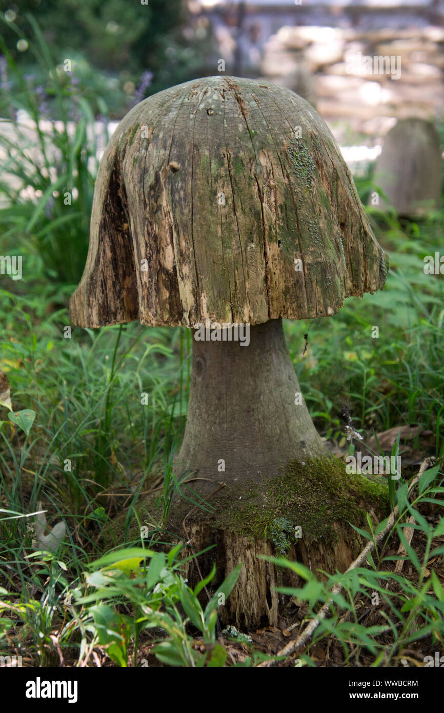 Champignons en bois sculpté dans un jardin de la Caroline du Nord. Banque D'Images
