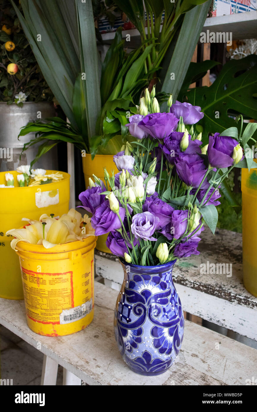 Nature morte de fleurs violettes à Talavera à Mexico Vase Flower Shop Photo  Stock - Alamy