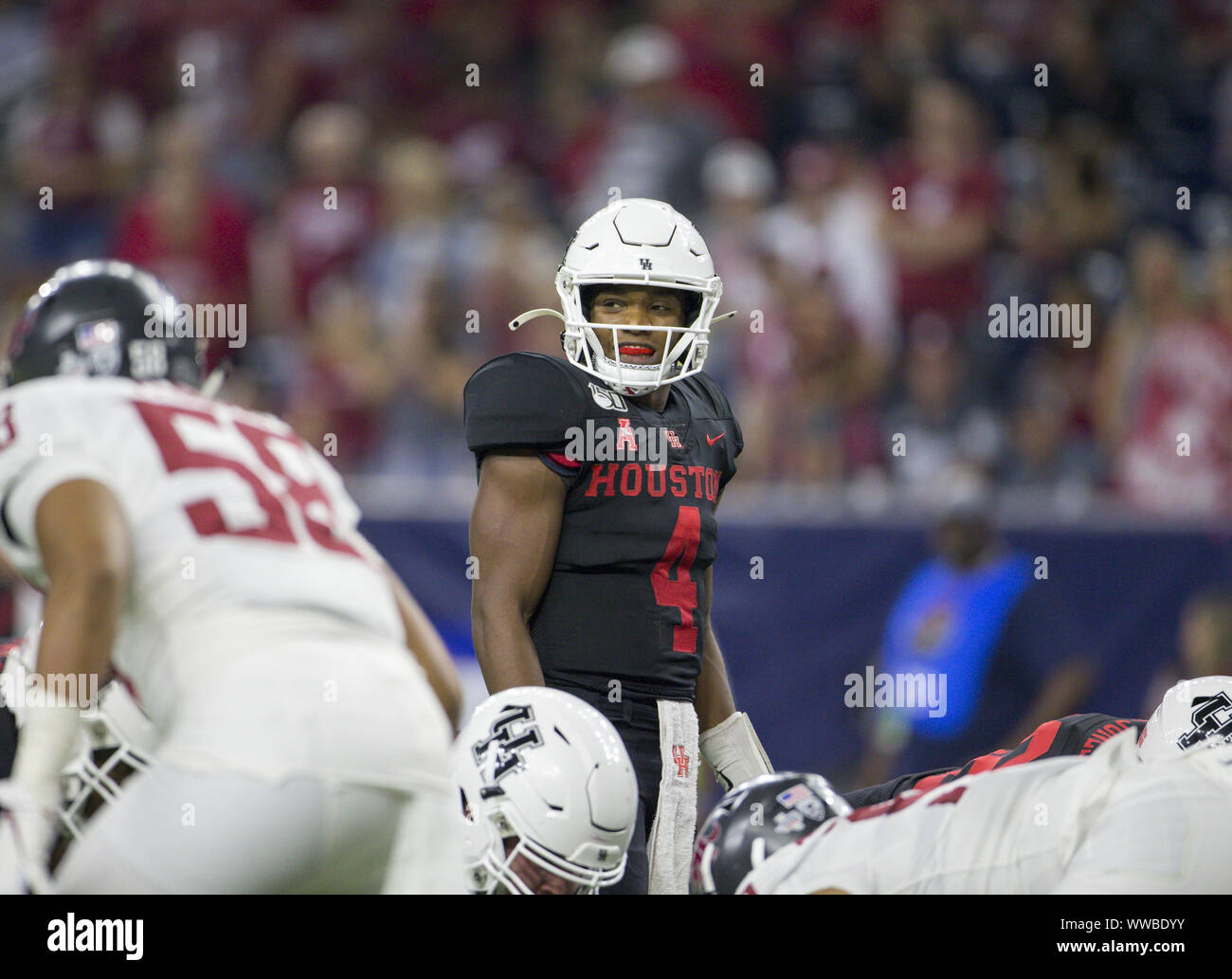 Houston, Texas, USA. 13 Sep, 2019. Le quart-arrière des Cougars de Houston D'Eriq King (4) au cours d'un match de football de la NCAA entre les Cougars de Houston et la Washington State Cougars à NRG Stadium de Houston, Texas, le 13 septembre 2019. Crédit : Scott Coleman/ZUMA/Alamy Fil Live News Banque D'Images