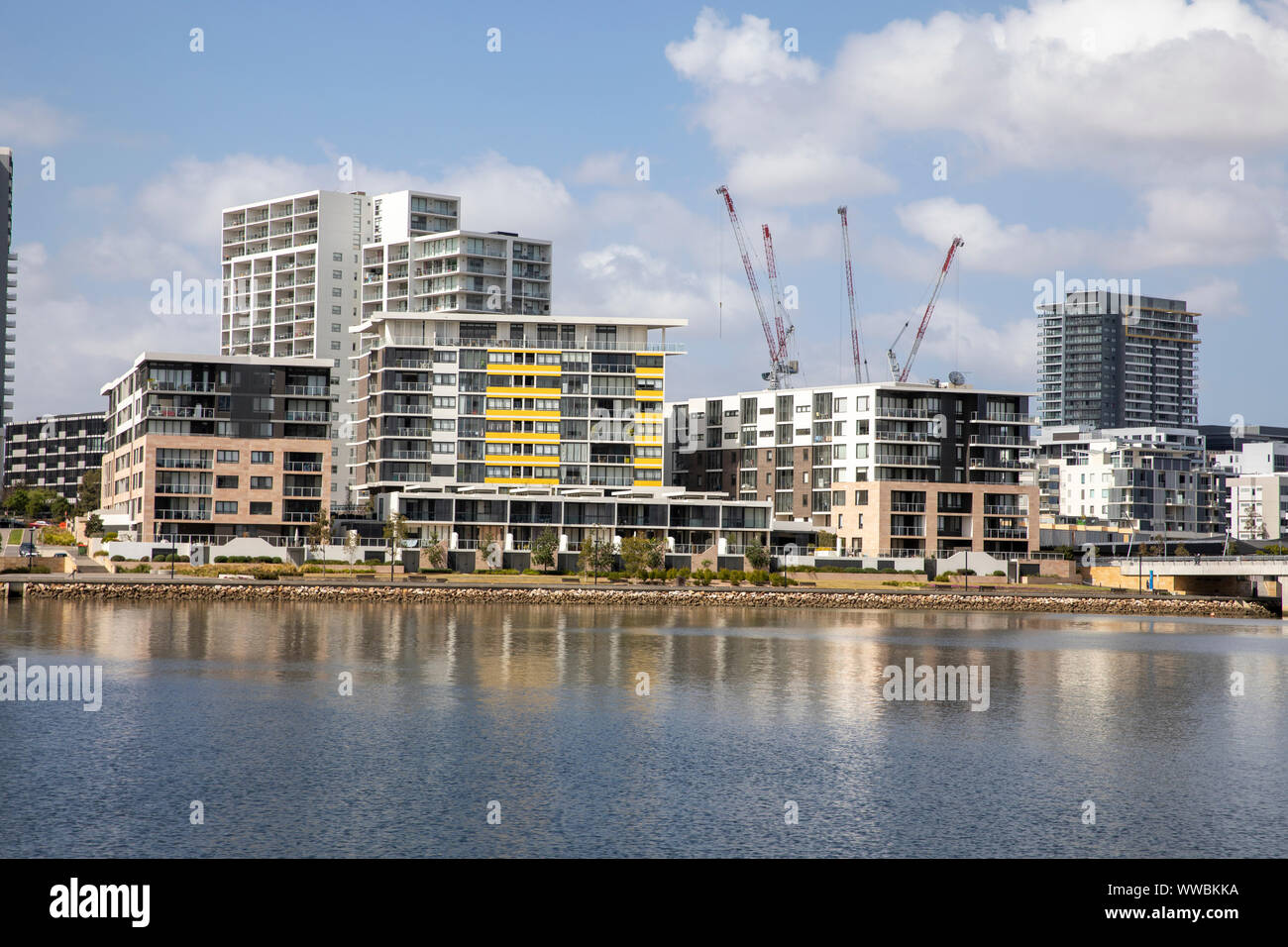 Rhodes, banlieue de Sydney avec les immeubles à appartements et les grues de construction pour le développement, Sydney, Australie Banque D'Images