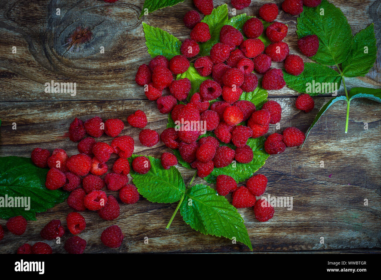 Framboises fraîches contexte photo en gros plan. Framboises fraîches sur une table en bois rustique. Focus sélectif. Banque D'Images