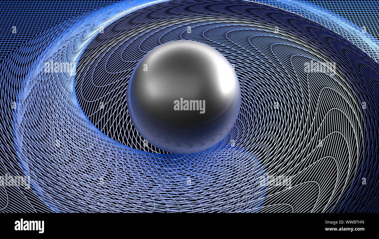 Noir brillant sphère en une surface bleue en spirale - le rendu 3D illustration Banque D'Images