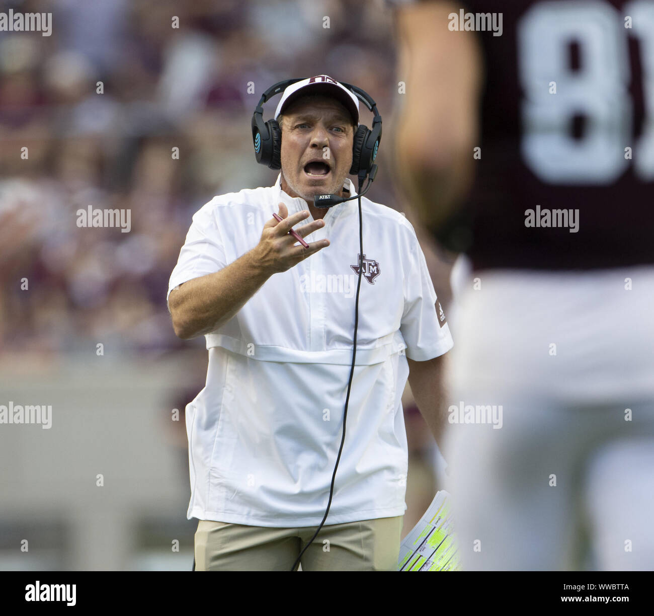 College Station, Texas, USA. 14Th Sep 2019. Texas A&M Aggies entraîneur en chef Jimbo Fisher au cours d'un match de football NCAA entre le Texas A&M et Université de Lamar à Kyle Field in College Station, Texas, le 14 septembre 2019. Crédit : Scott Coleman/ZUMA/Alamy Fil Live News Banque D'Images