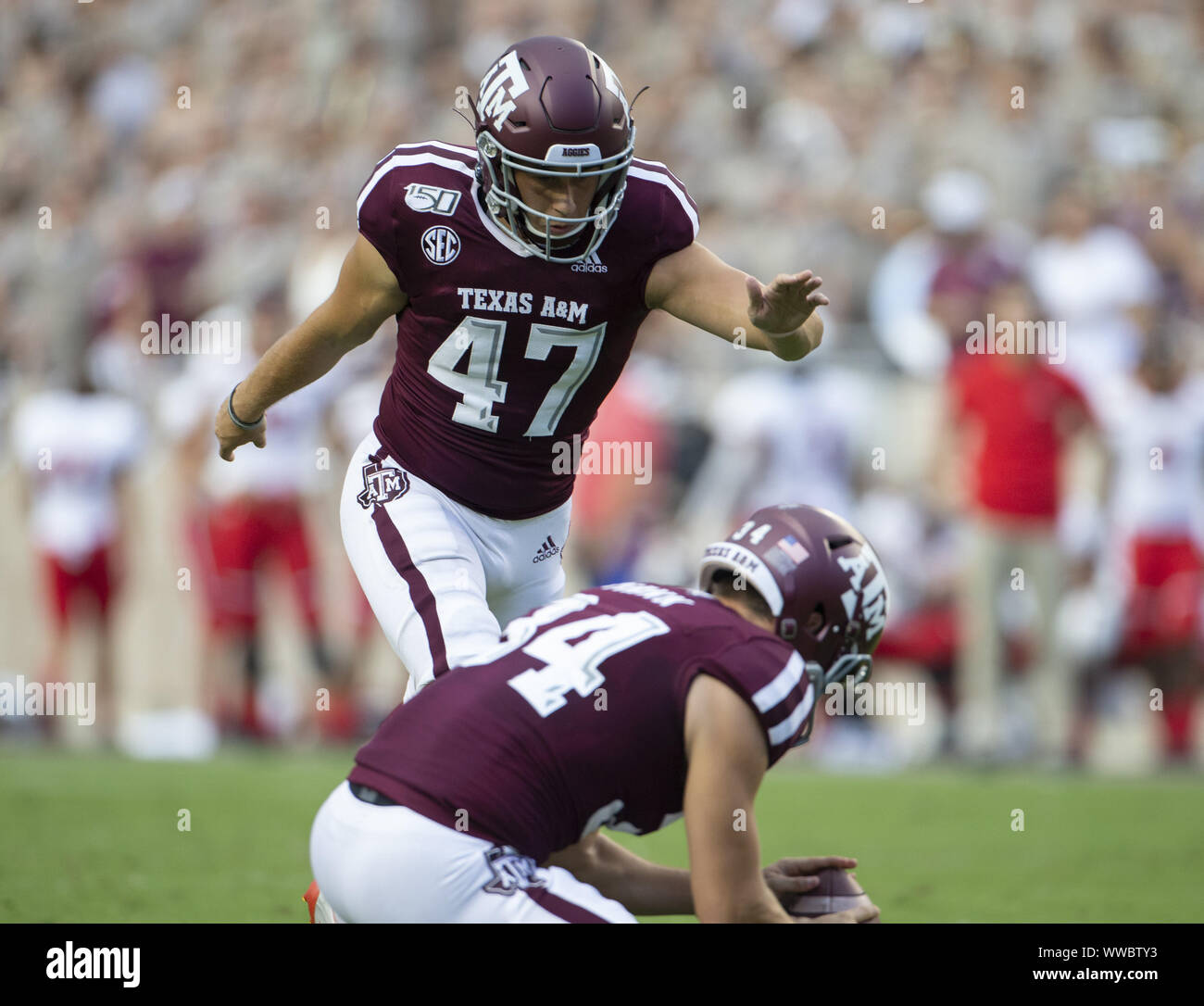 College Station, Texas, USA. 14Th Sep 2019. Texas A&M Aggies place kicker Seth petit (47) au cours d'un match de football NCAA entre le Texas A&M et Université de Lamar à Kyle Field in College Station, Texas, le 14 septembre 2019. Crédit : Scott Coleman/ZUMA/Alamy Fil Live News Banque D'Images