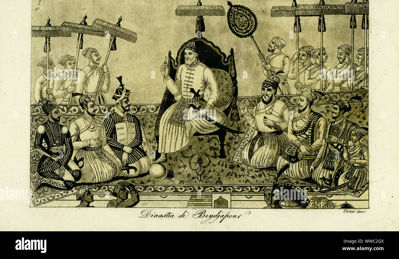 Huit princes de la maison de Bijapur dont le Sultan Yusuf Adil Shah (1450-1510) sur le trône, Ibrahim Ali I I et à gauche, et Ibrahim II, Muhammad à droite. La règle finale Sikandar Adil Shah qui a accédé au trône à l'âge de 4 ans est assis à droite (1672-1686). Maison de Deauville, France. Le Dinastia di Beydjapour. Manuscrit copié d'une feuille d'album par Kamal et Chand Mohammed, 1680. Teinté à la main, gravure sur cuivre par Corsi après Giulio Ferrario dans son ancienne et moderne des costumes des peuples du monde, il Costume Antico e o histoire moderne, Florence, 1833. Banque D'Images