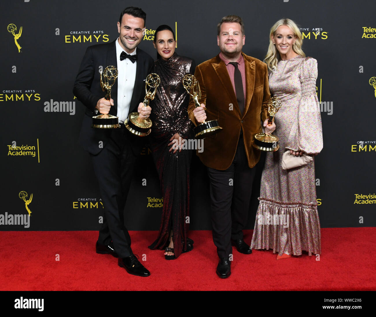 Septembre 14, 2019, Los Angeles, Californie, USA : 14 septembre 2019 - Los Angeles, Californie - Ben Winston, Meredith Winston, James Corden, Julia Carey . 2019 Creative Arts Emmy Awards - Salle de presse tenue au Théâtre Microsoft L.A. Vivre. Crédit photo : Birdie Thompson/AdMedia (crédit Image : © Birdie Thompson/AdMedia via Zuma sur le fil) Banque D'Images