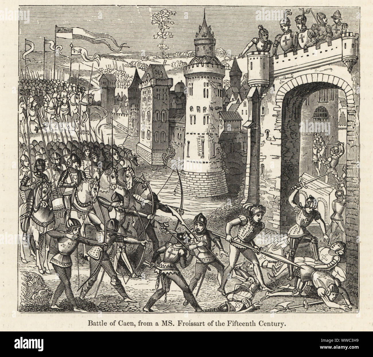 Les troupes anglaises, sous le roi Édouard III d'assaut la ville de Caen, France, défendue par Raoul II, comte d'Eu, 1346. Cible et spearmen vissent soldats français à la porte. Bataille de Caen. Gravure sur bois après un manuscrit enluminé de Sir John Froissart's Chronicles de l'Angleterre, la France, l'Espagne et les pays limitrophes, à partir de la dernière partie du règne d'Édouard II pour le Couronnement d'Henri IV, George Routledge, Londres, 1868. Banque D'Images