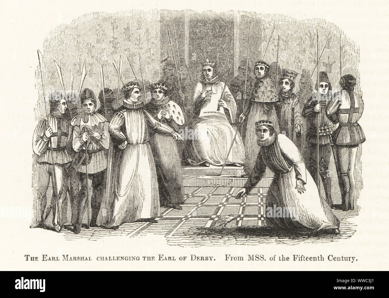 Thomas de Mowbray, Earl Marshal, 1 duc de Norfolk, difficile Henry Bolingbroke, comte de Derby (plus tard le roi Henry IV) d'un duel en face du roi Richard II, 1398. L'Earl Marshal contestant le comte de Derby en duel en jetant un gantelet. Gravure sur bois après un manuscrit enluminé de Sir John Froissart's Chronicles de l'Angleterre, la France, l'Espagne et les pays limitrophes, à partir de la dernière partie du règne d'Édouard II pour le Couronnement d'Henri IV, George Routledge, Londres, 1868. Banque D'Images