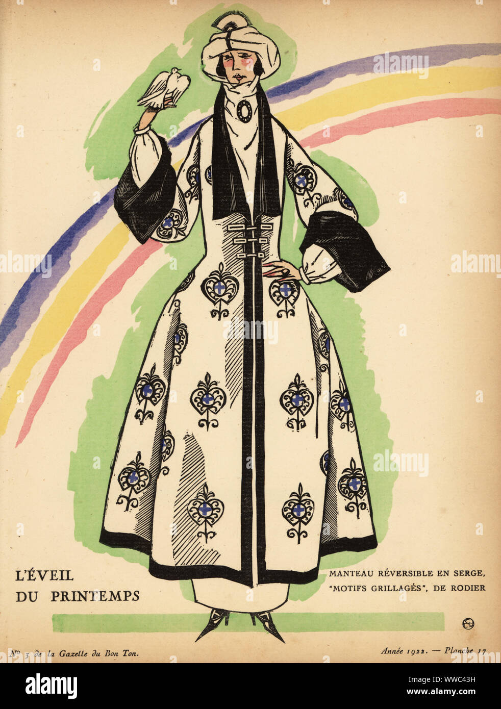 Femme avec oiseau portant un turban et réversible printemps manteau en tissu imprimé serge par Rodier. L'Eveil du printemps. Ce manteau est fait réversible en serge grilleages motifs. Tissu de Rodier. Coloriée pochoir lithographie de Fernand Siméon de Lucien Vogel's Le Bon Genre : 100 plaques à partir de la Gazette du Bon Ton, Brentano's, Paris, 1922. Banque D'Images