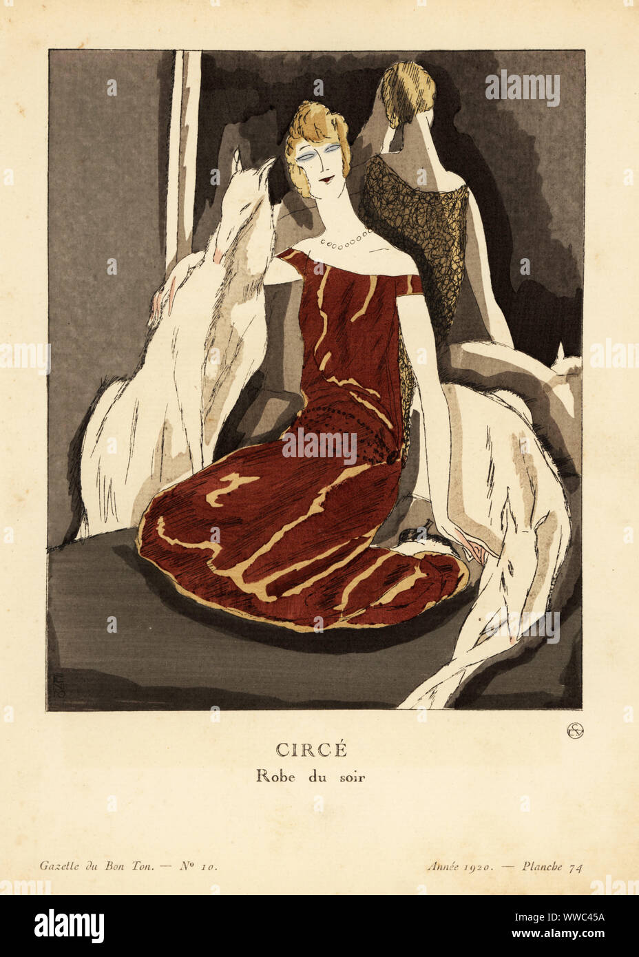 Femme avec deux chiens Barzoï. La robe de soirée en satin a l'avant et de dentelle de couleur cuivre. Circé. Robe du soir, dont le devant est de satin uni, et les dos de dentelle couleur cuivre. Lithographie coloriée pochoir par Edouardo Garcia Benito De Lucien Vogel's Le Bon Genre : 100 plaques à partir de la Gazette du Bon Ton, Brentano's, Paris, 1922. Banque D'Images