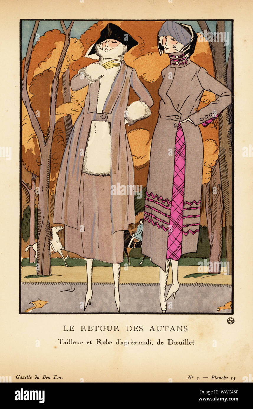 Deux femmes mode dans un parc en tenues d'automne de la scène, 1920. L'un dans une robe-manteau de laine gris marengo sur une check tartan, l'autre dans un costume de velours côtelé beige garni de fourrure de lynx. Le retour des vents du sud-ouest. Le retour des autans. Tailleur et robe d'après midi de Doeuillet. La robe est une robe-manteau en lainage gris marengo ; elle s'ouvre sur un ecossais rouge et noir. Le tailleur est en velours cotele beige et est garni de lynx. Coloriée pochoir lithographie de Fernand Siméon de Lucien Vogel's Le Bon Genre : 100 plaques à partir de la Gazette du Bon Ton, Brentano's, Paris, 1920. Banque D'Images