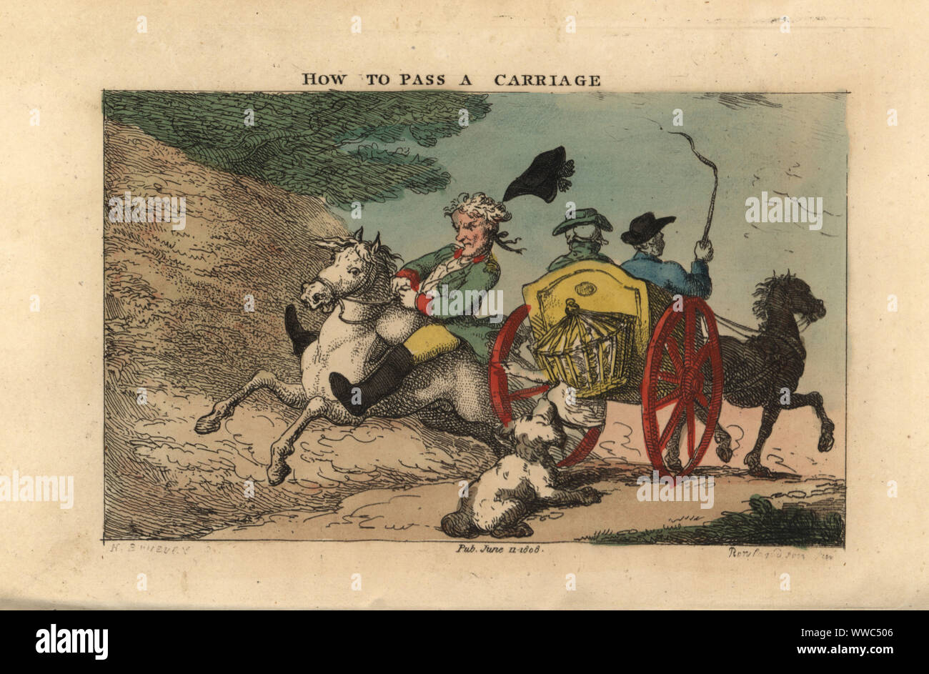 Regency gentleman perdre son chapeau et le contrôle de son cheval en passant un concert du mauvais côté (côté passager). Comment passer un chariot. La gravure sur cuivre coloriée par Thomas ROWLANDSON après une illustration par Henry Bunbury de Geoffrey Gambado est une académie pour cavaliers et Annales de Horsemanship, Londres, 1809. Banque D'Images