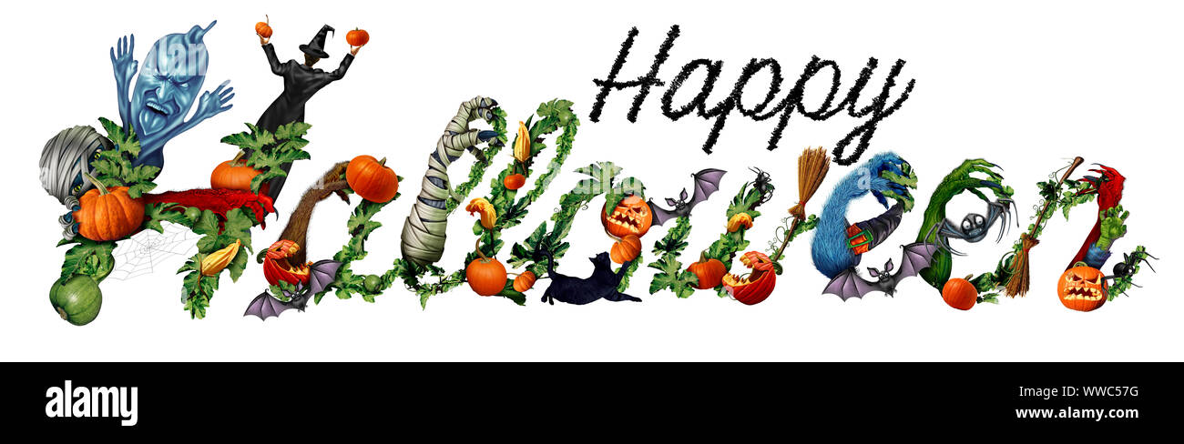 Happy Halloween isolé comme un symbole lettrage creative automne texte décoratif sur un fond blanc pour une invitation à une fête carte de vœux. Banque D'Images