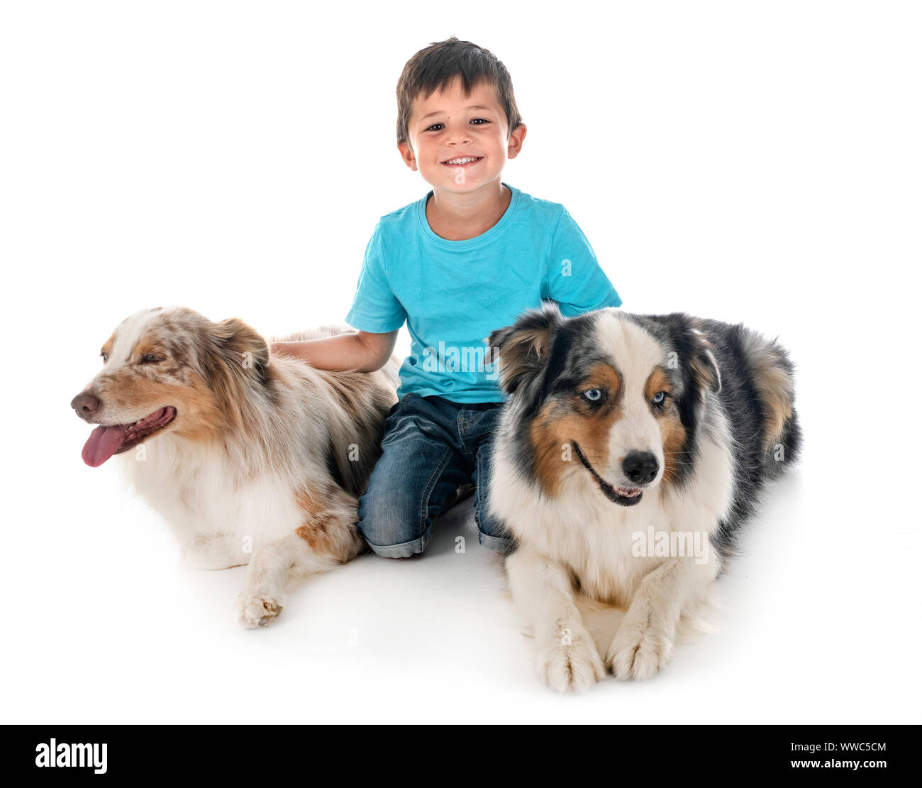 Chiens et enfants en font de fond blanc Banque D'Images