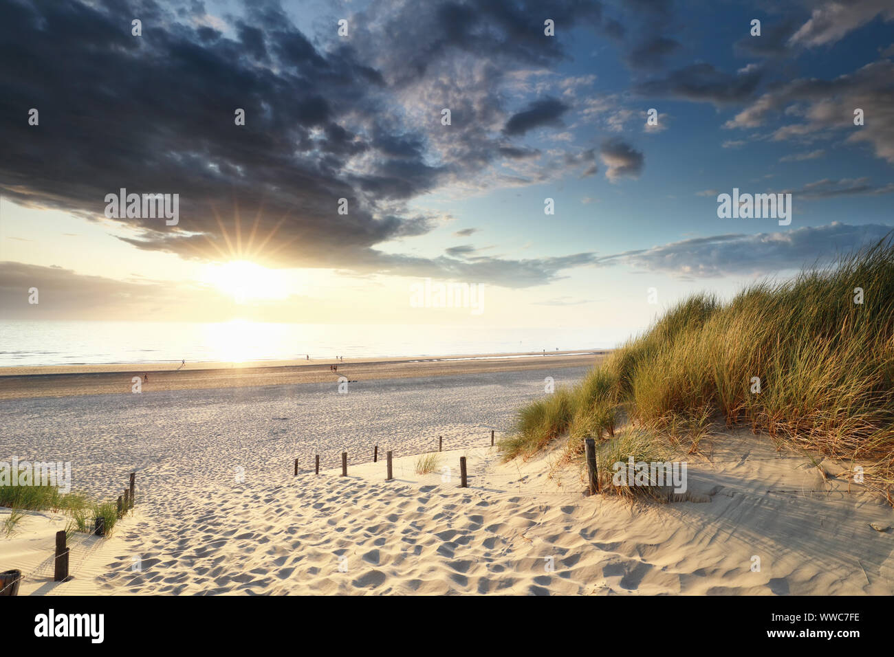 Coucher de soleil sur le chemin de sable d'une plage de la mer du Nord, en Hollande Banque D'Images