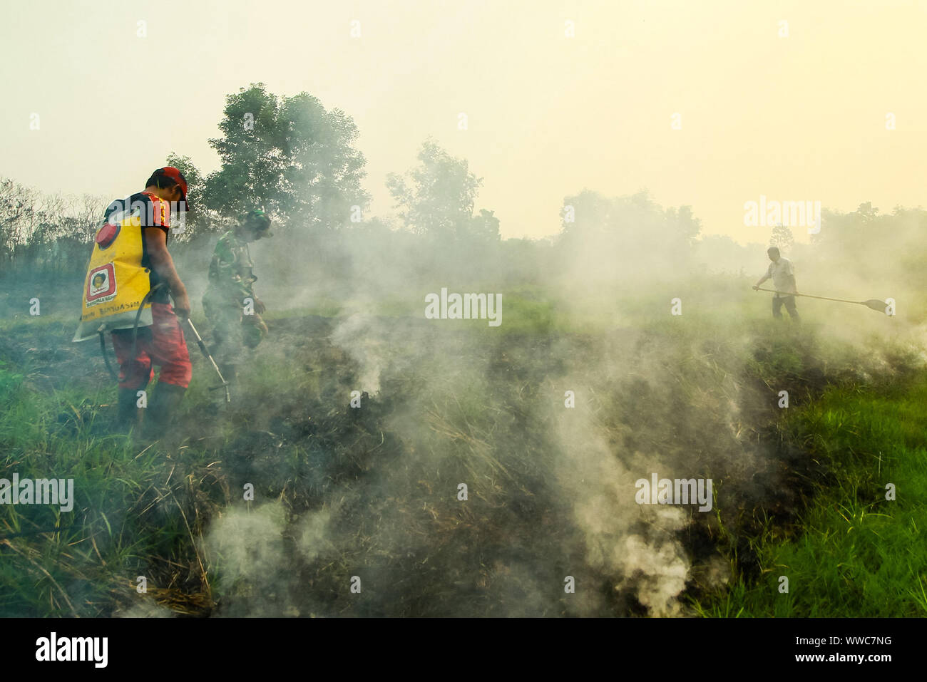 Banyuasin, au sud de Sumatra, en Indonésie. 13 Sep, 2019. Au sud de Sumatra, Indonésie - 15 SEPTEMBRE : les pompiers de l'Indonésie a essayé d'éteindre le feu de forêt à Sungai Pinang village le 13 septembre, 2019 dans Banyuasin regency, province de Sumatra du sud, l'Indonésie. Les feux de forêts de l'Indonésie a causé certaines parties de Sumatra d'être couverte de brume et inclus à Singapour et en Malaisie. Credit : Sijori Images/ZUMA/Alamy Fil Live News Banque D'Images