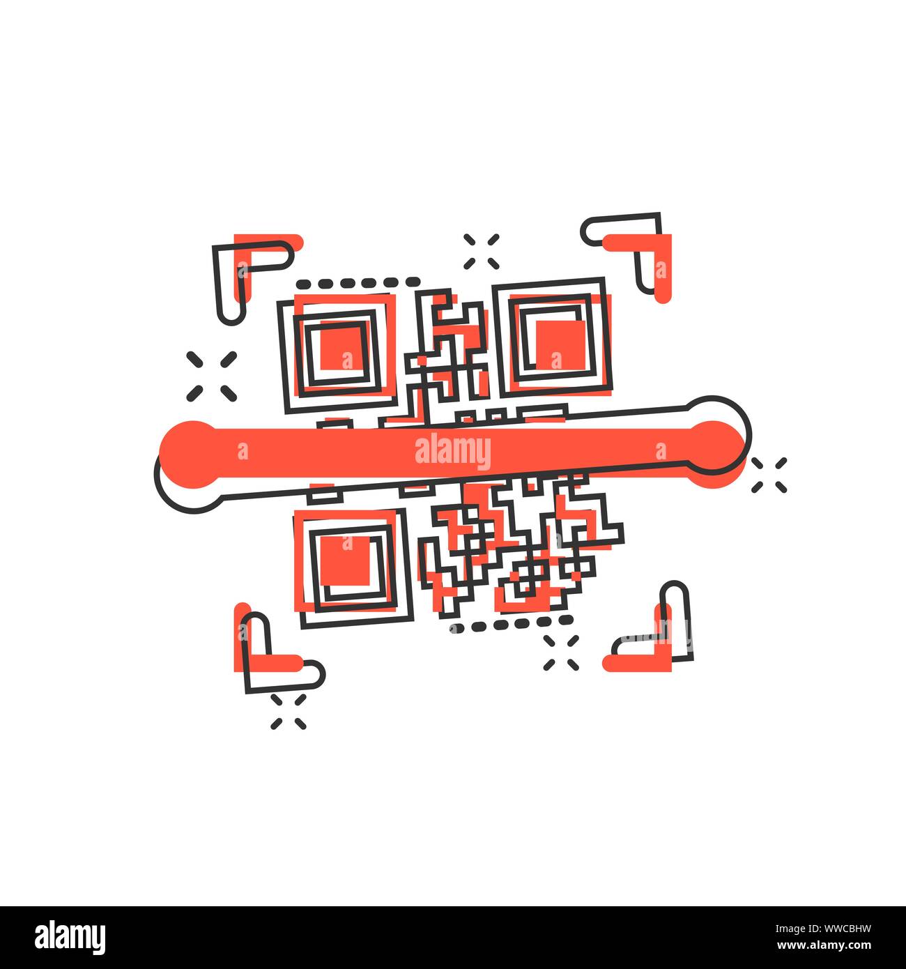 Qr code Icône de balayage dans le style comique. Vecteur id Scanner cartoon illustration sur fond blanc isolé. Concept d'affaires code-barres effet splash. Illustration de Vecteur