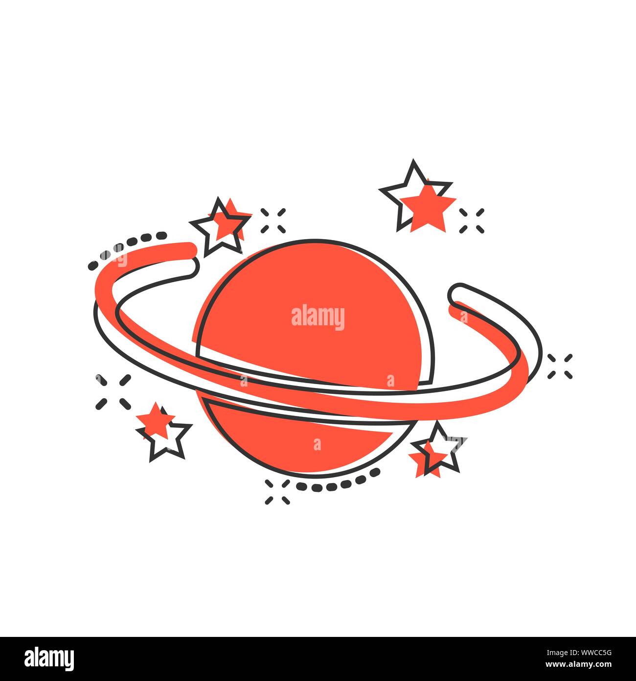 L'icône de Saturne dans le style comique. Vector cartoon illustration sur planète isolé blanc fond. Concept d'entreprise de l'espace Galaxy effet splash. Illustration de Vecteur